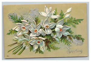 Vintage 1900's Easters Greeting Postcard Silver Cross White Flowers