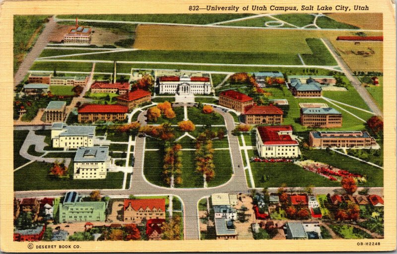 Vtg 1940s University of Utah Campus Aerial View Salt Lake City UT Linen Postcard
