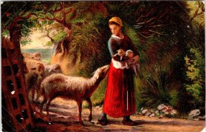 Millet in Good Care NKG Shepherdess holding lamb with sheep Postcard