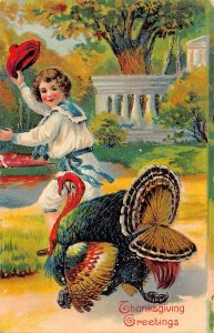 Thanksgiving Greetings 1915 Sailor Boy Turkey Poultry embossed postcard B988