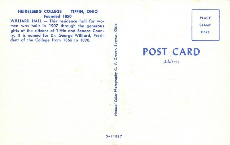 Tiffin Ohio~Heibelberg College~Williard Hall~Residence Dorm for Women~1960s PC