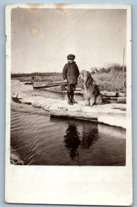 c1910's Boy And His Dog Swatara Minnesota MN RPPC Photo Antique Postcard