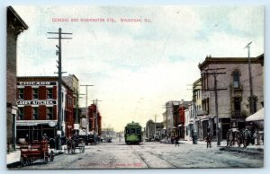 WAUKEGAN, Illinois IL ~ Street Scene GENESEE & WASHINGTON STS. 1910s  Postcard