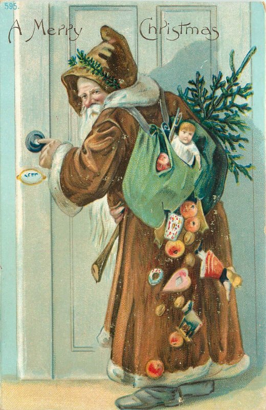 Embossed Postcard Merry Christmas Brown Santa With Dolls and Cookies 