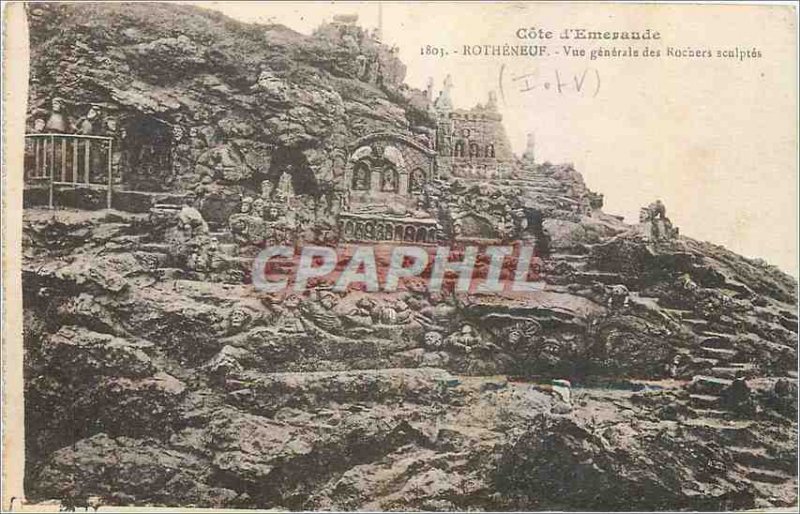 Old Postcard Rotheneuf General view of the carved rocks