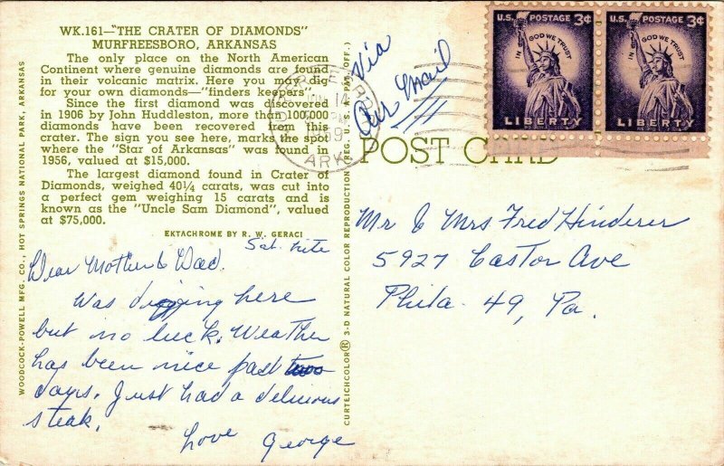 Murfreesboro Arkansas Crater Diamonds AR VTG Postcard PM Cancel WOB Note 