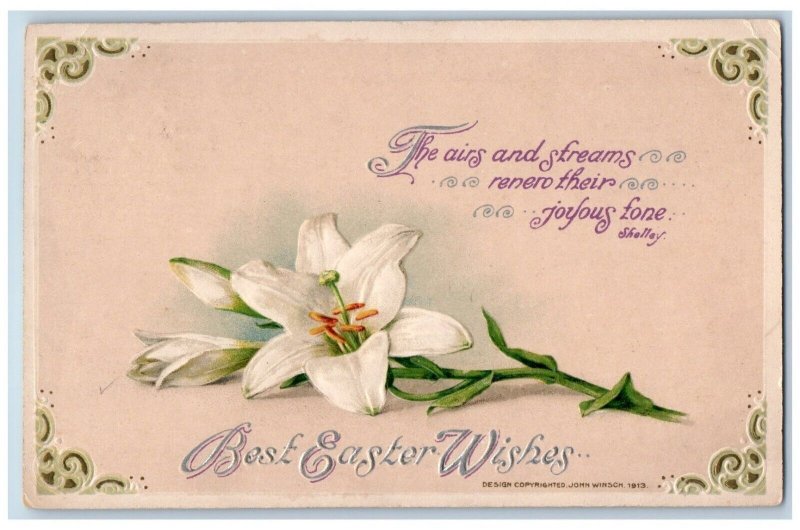 John Winsch Artist Signed Postcard Easter Lily Flowers Shelley Embossed 1919