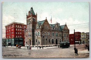 Dayton Ohio~US Post Office On Corner & Trolley~Vintage Postcard