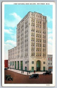 First National Bank Building Old Cars Ann Arbor MI C1920s WB Postcard S10