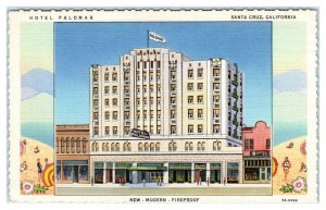 SANTA CRUZ, CA ~ Roadside HOTEL PALOMAR Cool Graphics c1940s Linen Postcard