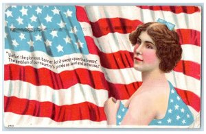 1909 Pretty Woman Unfurl Glorious Banner Embossed Fargo North Dakota ND Postcard