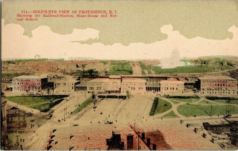 Bird’s Eye View Providence Rhode Island Railroad Station School Postcard Vtg UDB 