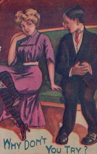 Vintage Postcard Lovers Couple Sitting In The Sofa Why Don't You Try Romance