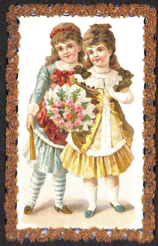 Handmade Two Young Girls w/Flowers Beautiful Border Postcard