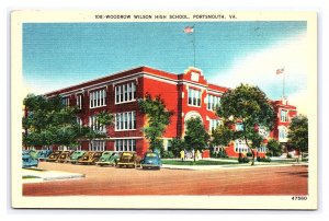 Woodrow Wilson High School Portsmouth VA. Virginia c1954 Postcard Antique Autos