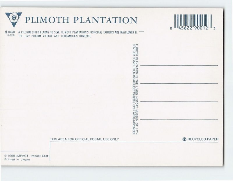 Postcard A Pilgrim Child Learning to Sew Plimoth Plantation Massachusetts USA