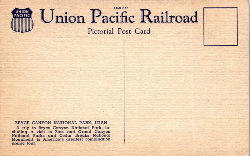 Bryce Canyon National Park, Utah, Union Pacific Railroad Pictorial Postcard F23