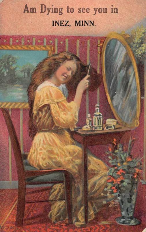 Inez Minnesota Greetings Lady Brushing Hair Vintage Postcard JD933449