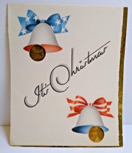 Mid Century Modern Christmas Greeting Card Diecut Window Bells Ribbons Gold Foil