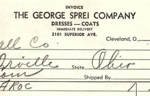 1938 THE GEORGE SPREI COMPANY CLEVELAND OH DRESSES COATS BILLHEAD INVOICE Z3506