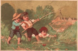 1880s-90s Boys Catching Fish in Pond Metropolitan Store Sharpe Co. Trade Card