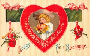 VALENTINE HOLIDAY GIRL HEART LOVE'S FAIR EXCHANGE POSTCARD (c. 1909)