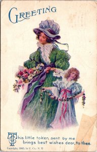 VINTAGE POSTCARD GREETINGS TO SISTER ELEGANT LADY FLOWERS 1908 [REPAIRED]