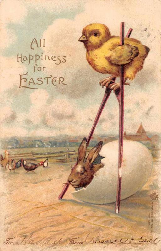 All Happiness for Easter chick on stilts bunny in egg antique pc Z23477