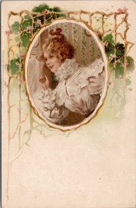 Victorian Beauty Pretty Woman Cameo Floral Rustic Branches Postcard Z16