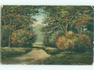 Pre-Linen foreign signed COUNTRY ROAD THROUGH THE WOODS IN AUTUMN J4736
