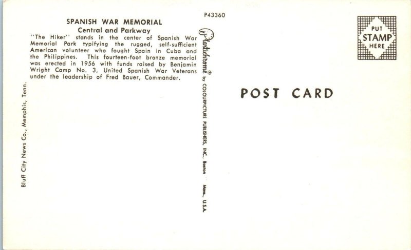 MEMPHIS, TN Tennessee  SPANISH WAR  Memorial  Bronze Statue  c1960s  Postcard 