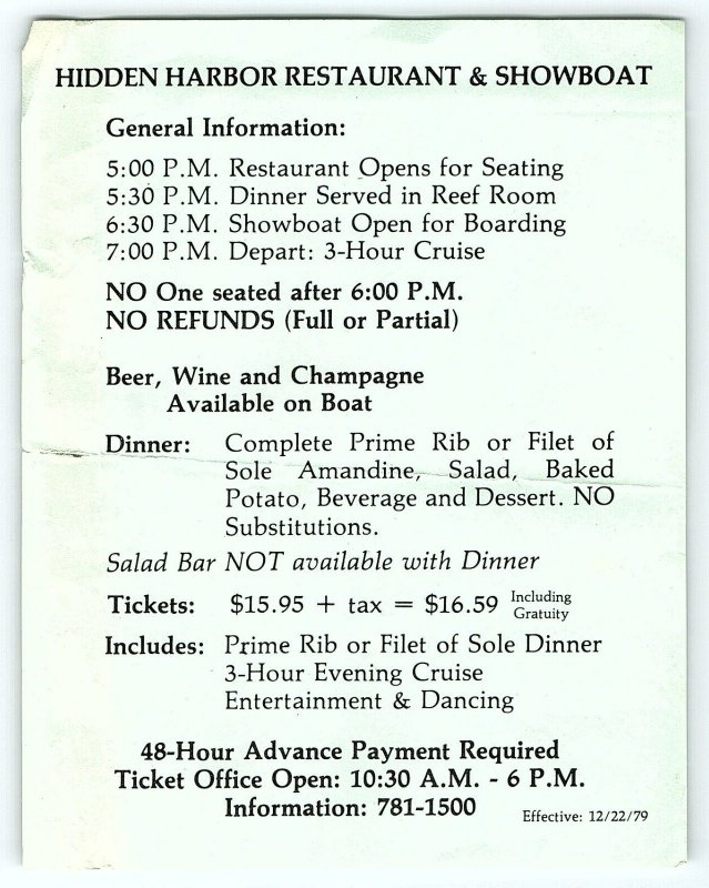 VINTAGE HIDDEN HARBOR RESTAURANT & SHOWBOAT CRUISE DINNER MENU Z3798