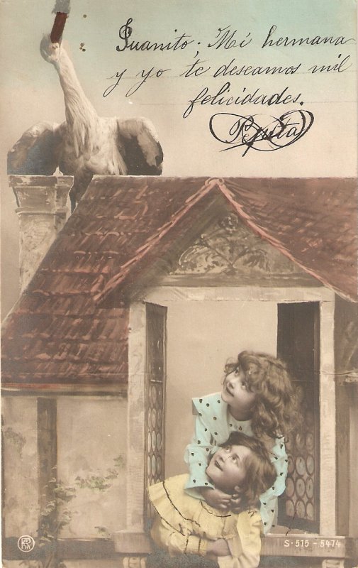 Boy and girl looking at stork in the roof Nice vintage  postcard