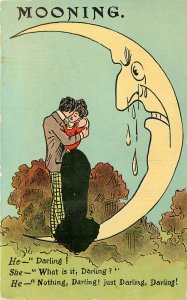 Vintage Postcard Mooning Angry Moon Cries As Couple Hugs and Kisses