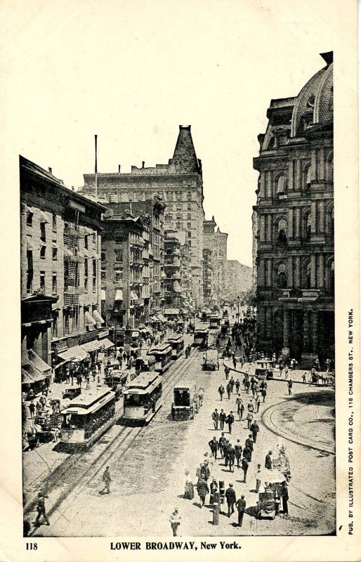 NY - New York City. Lower Broadway Street Scene, Trolleys circa 1899