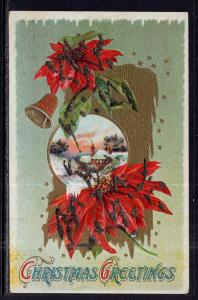 Christmas Greetings Poinsettias Bell Scene BIN