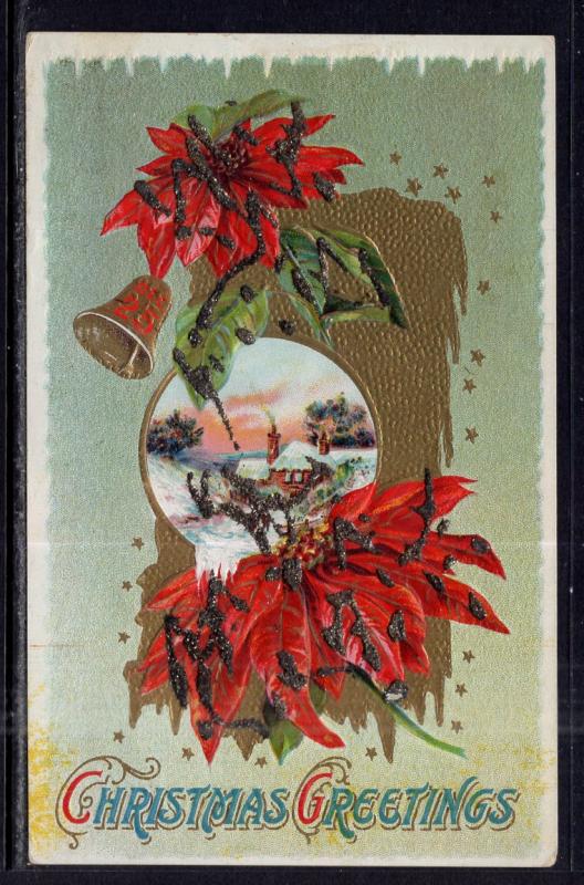 Christmas Greetings Poinsettias Bell Scene BIN