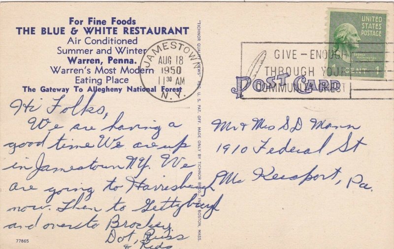 Pennsylvania Warren The Blue & White Restaurant 1950 sk5635