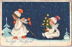 Happy New Year Kids Angels In Snow And A Sled Vintage Postcard 09.56 