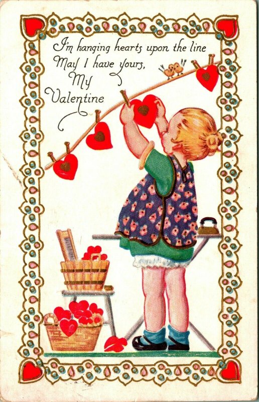 Hanging Hearts on the Line Valentine Embossed Vtg Postcard 1910s Carrington Co