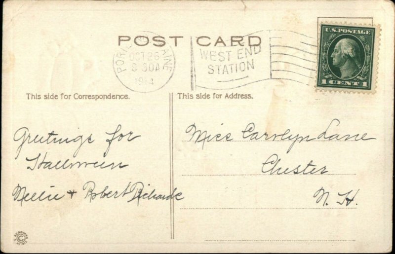 Halloween JOL Faces Sticks Tongue Out #7035 c1915 Postcard