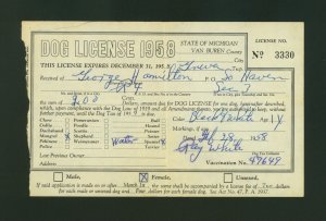 Dog License 1958 State Of Michigan Van Buren County