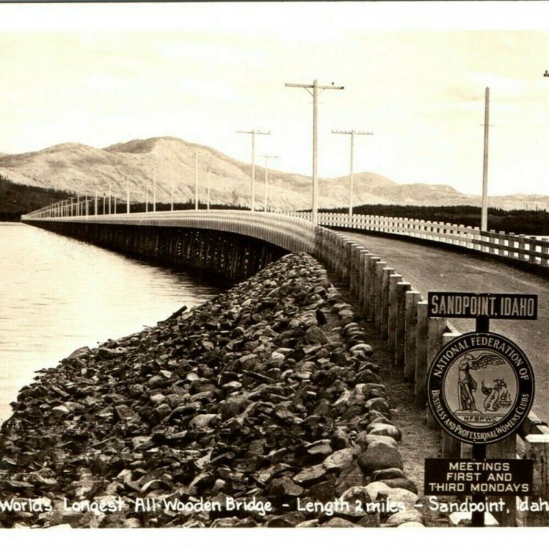 c1940s Sandpoint, Idaho Bridge Longest Wood Bridge 2 Miles NFBPWC Postcard A9 