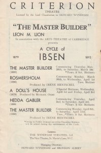 A Cycle Of Henrik Ibsen Drama Plays The Master Builder Criterion London Theat...