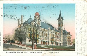 MA Greetings from Fall River High School Copper Windows 1907 Postcard DAMAGED