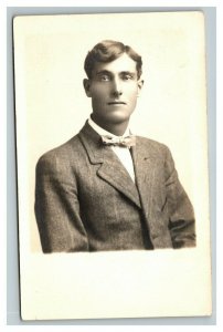 Vintage Early 1900's RPPC Man in Bowtie Portrait Postcard UNPOSTED