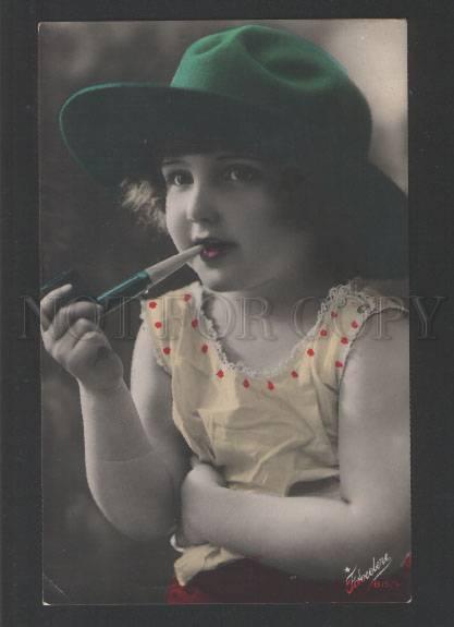 120331 SMOKING Kid Child in Hat w/ Smoking PIPE Vintage PHOTO