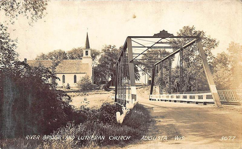 Augusta WI Iron River Bridge & Lutheran Church Real Photo RPPC Postcard