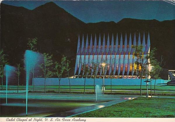 Colorado Colorado Springs Cadet Chapel At Night United States Air Force Academy