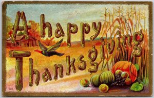 1910's A Happy Thanksgiving Fruits and Vegetables Bird Landscape Posted Postcard